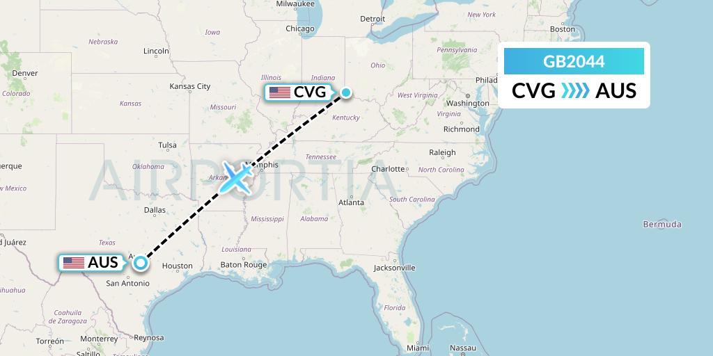 GB2044 ABX Air Flight Map: Cincinnati to Austin