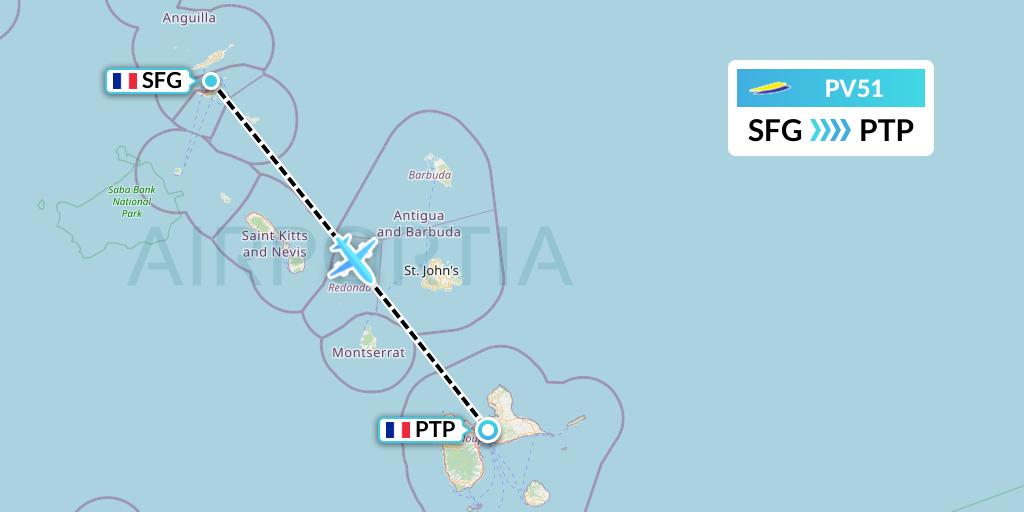 PV51 St. Barth Commuter Flight Map: Sint Maarten to Pointe-a-Pitre