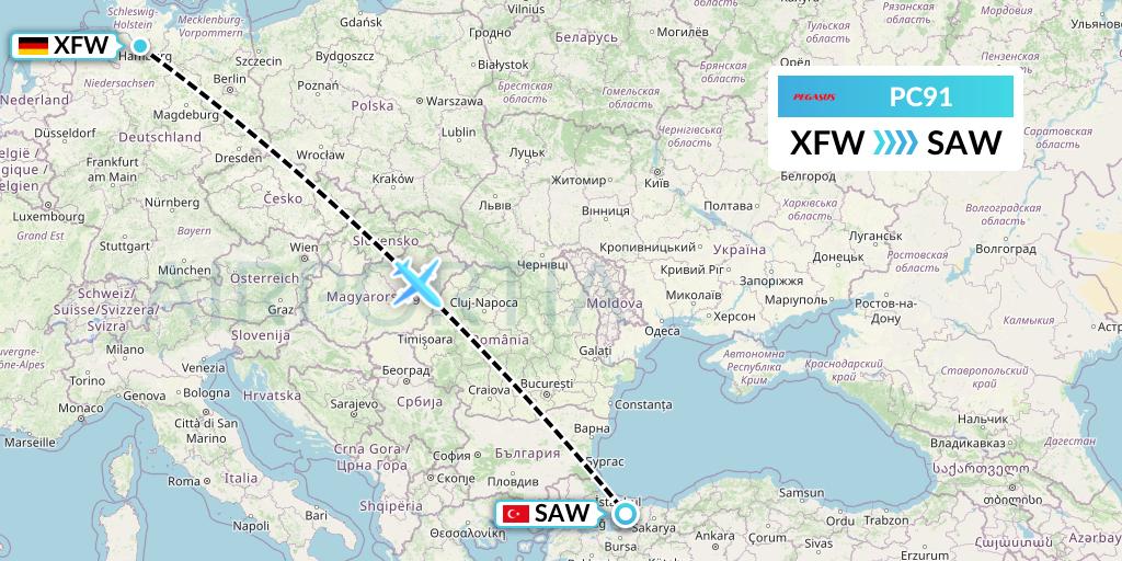 PC91 Pegasus Airlines Flight Map: Hamburg to Istanbul