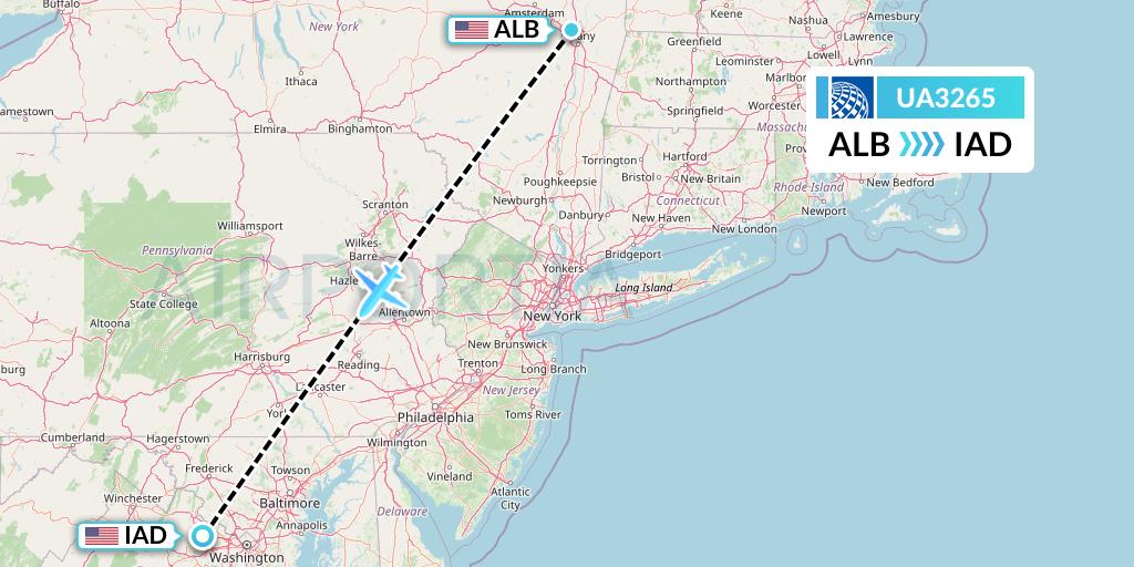UA3265 United Airlines Flight Map: Albany to Washington