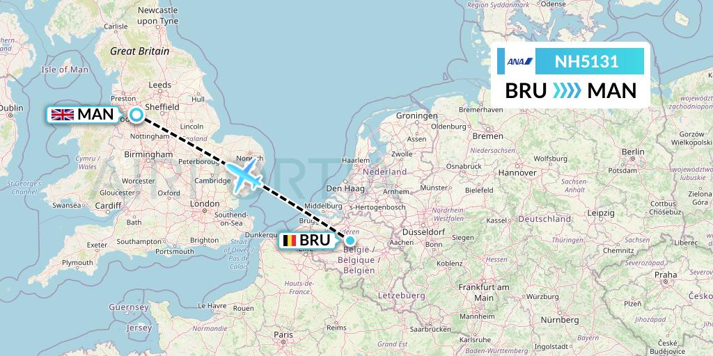 NH5131 All Nippon Airways Flight Map: Brussels to Manchester
