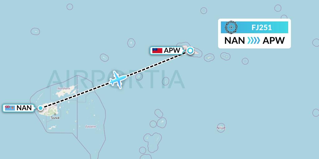 FJ251 Fiji Airways Flight Map: Nadi to Apia
