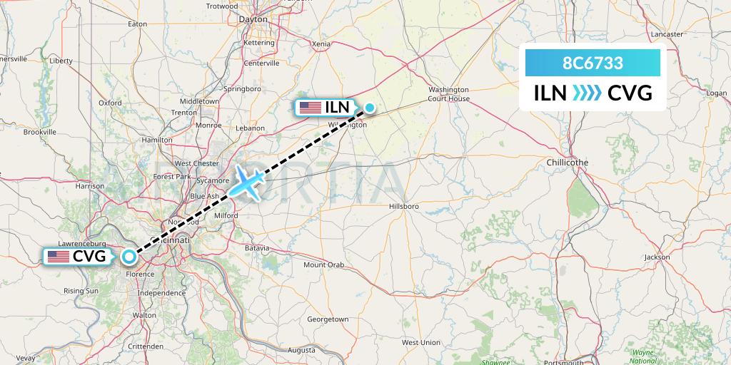 8C6733 Air Transport International Flight Map: Wilmington to Cincinnati