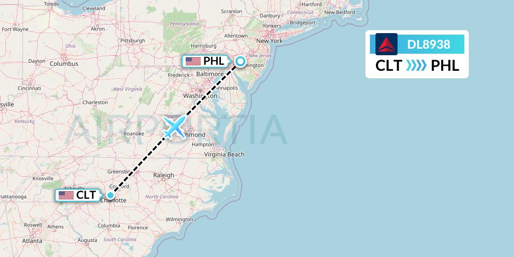 DL8938 Delta Air Lines Flight Map: Charlotte to Philadelphia