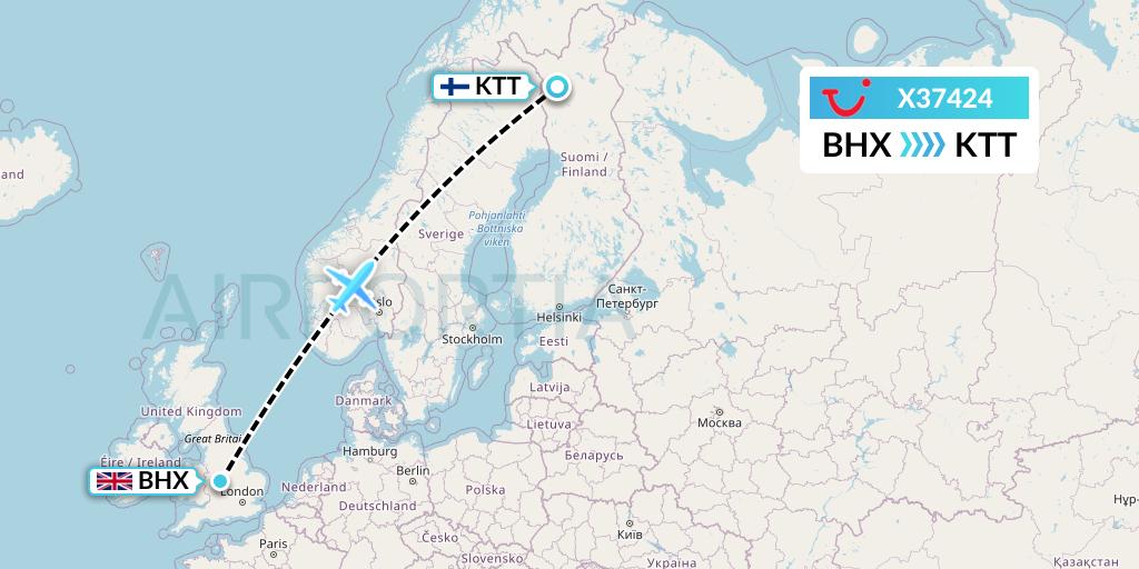 X37424 TUI fly Germany Flight Map: Birmingham to Kittila