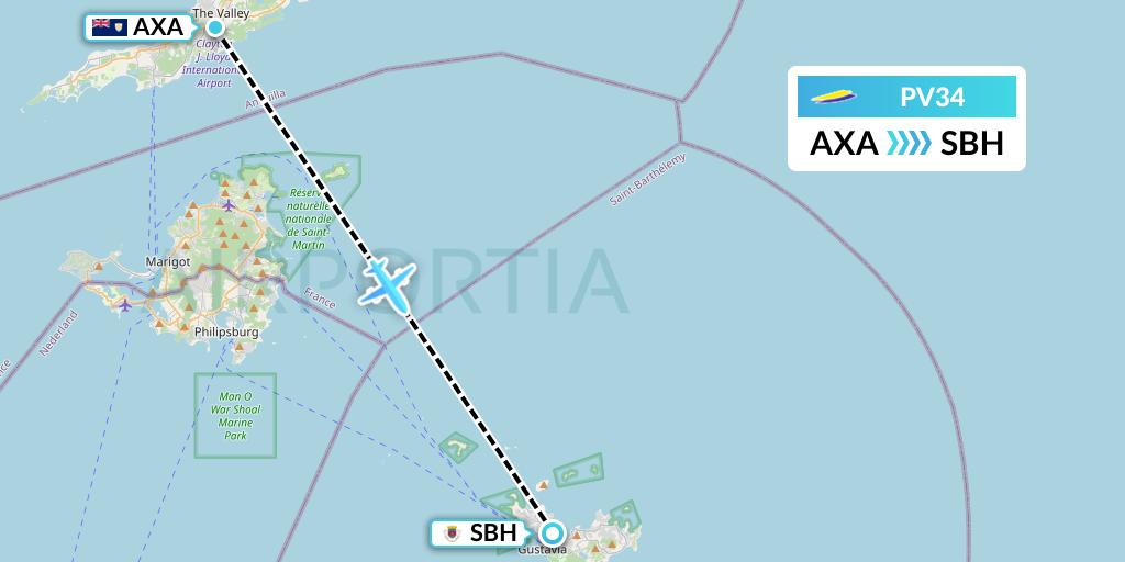 PV34 St. Barth Commuter Flight Map: The Valley to St. Jean