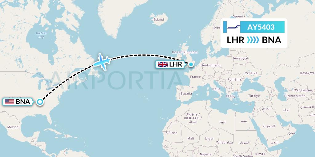 AY5403 Finnair Flight Map: London to Nashville