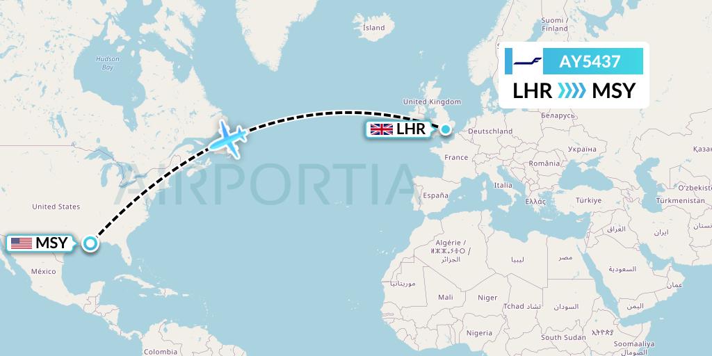 AY5437 Finnair Flight Map: London to New Orleans