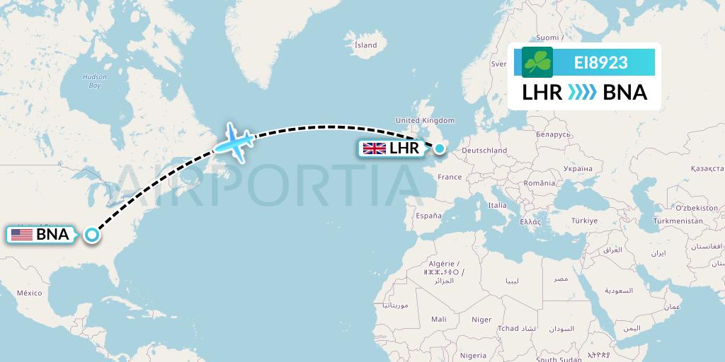 EI8923 Aer Lingus Flight Map: London to Nashville