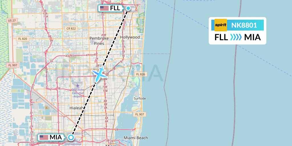 NK8801 Spirit Airlines Flight Map: Fort Lauderdale to Miami