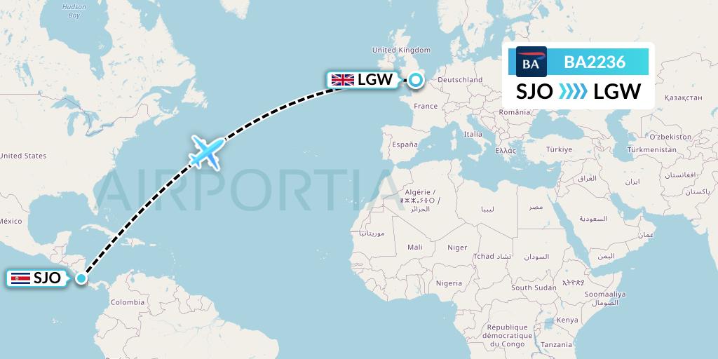 BA2236 British Airways Flight Map: San Jose to London