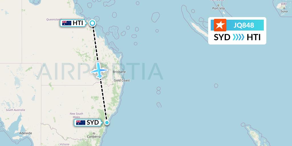 JQ848 Jetstar Airways Flight Map: Sydney to Hamilton Island