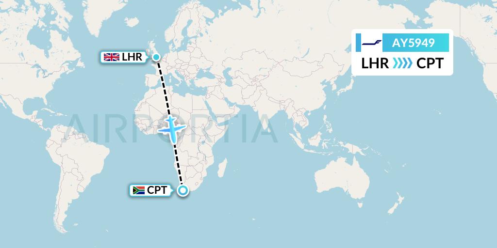 AY5949 Finnair Flight Map: London to Cape Town