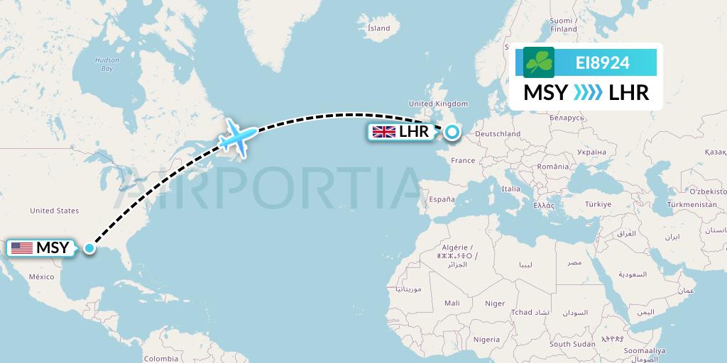 EI8924 Aer Lingus Flight Map: New Orleans to London