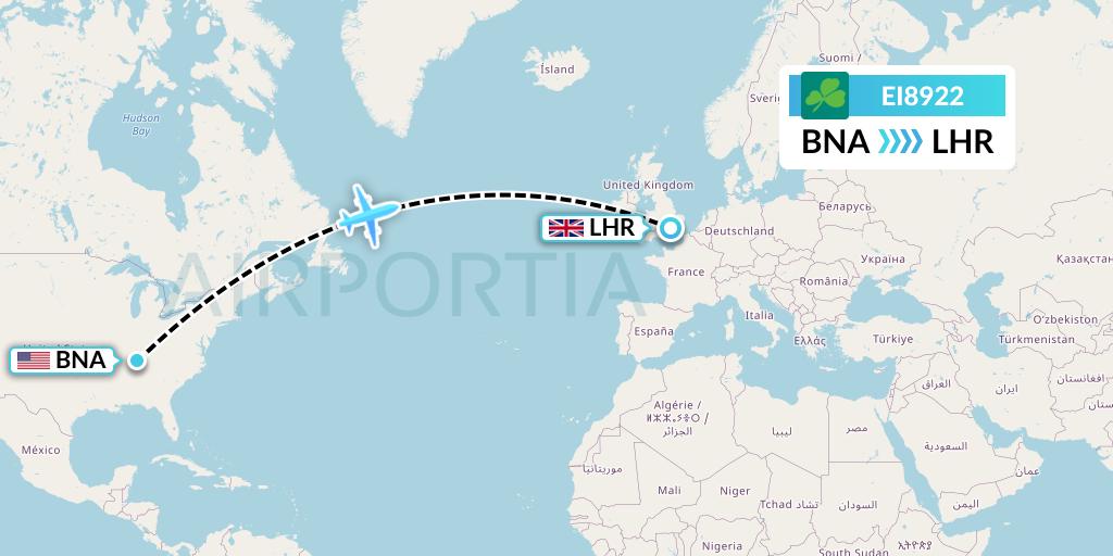 EI8922 Aer Lingus Flight Map: Nashville to London