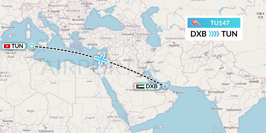 TU147 Tunisair Flight Map: Dubai to Tunis