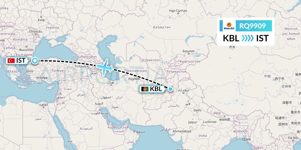RQ9909 Kam Air Flight Map: Kabul to Istanbul