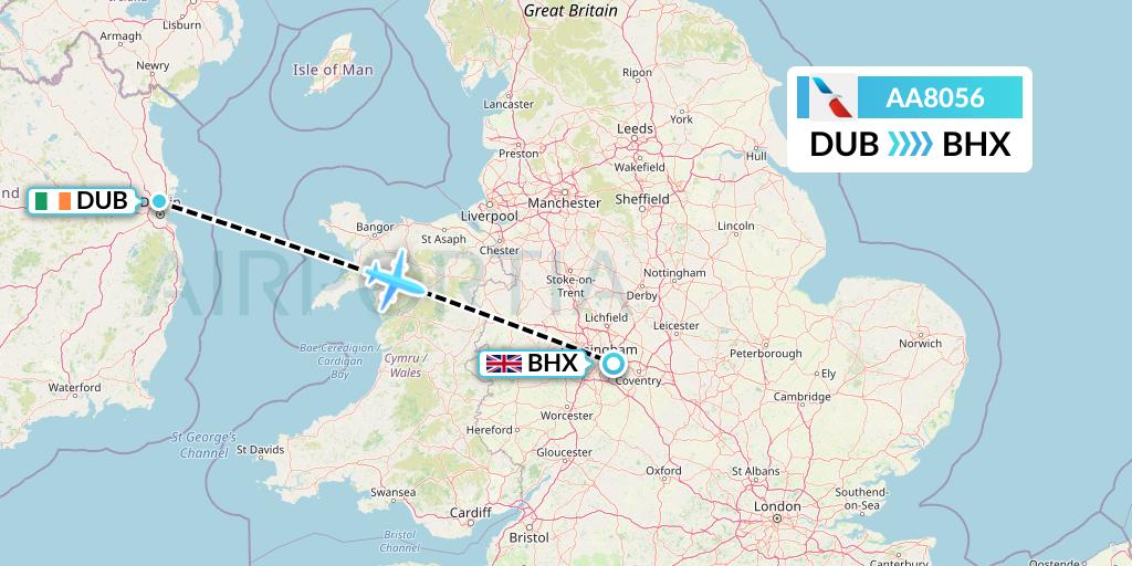 AA8056 American Airlines Flight Map: Dublin to Birmingham