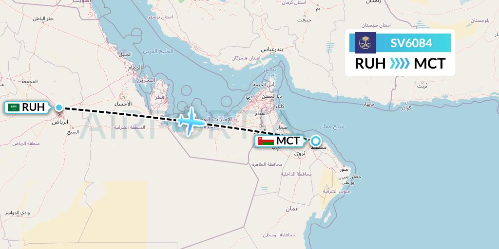 SV6084 Saudi Arabian Airlines Flight Map: Riyadh to Muscat