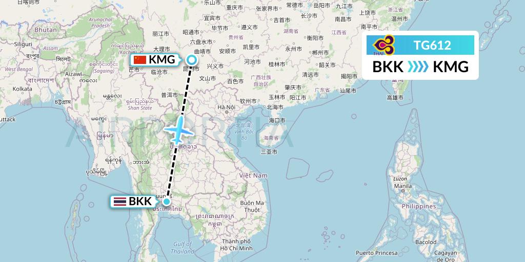 TG612 Thai Airways Flight Map: Bangkok to Kunming