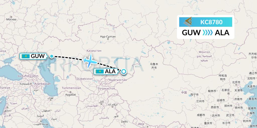 KC8780 Air Astana Flight Map: Atyrau to Almaty