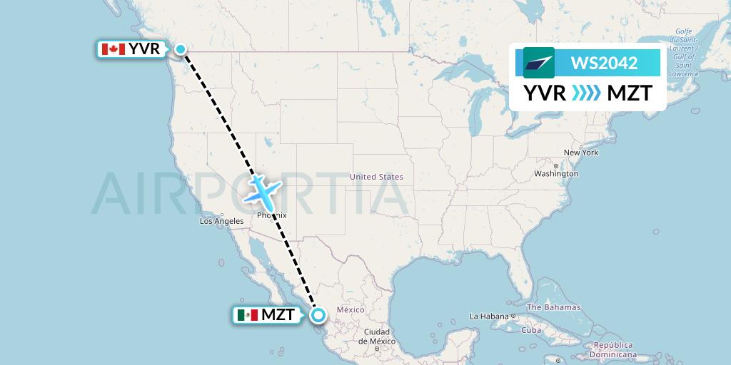 WS2042 WestJet Flight Map: Vancouver to Mazatlan