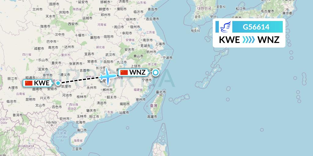 G56614 China Express Airlines Flight Map: Guiyang to Wenzhou