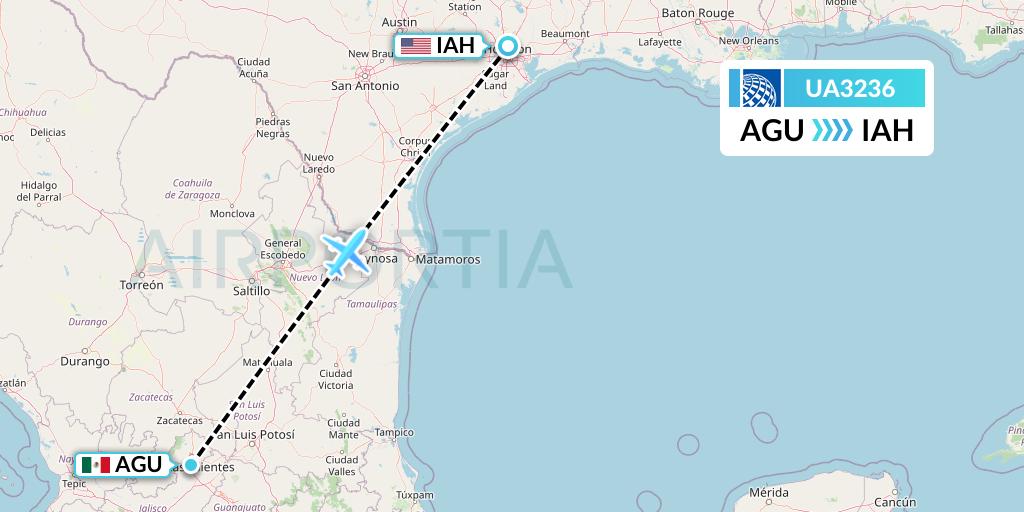 UA3236 United Airlines Flight Map: Aguascalientes to Houston