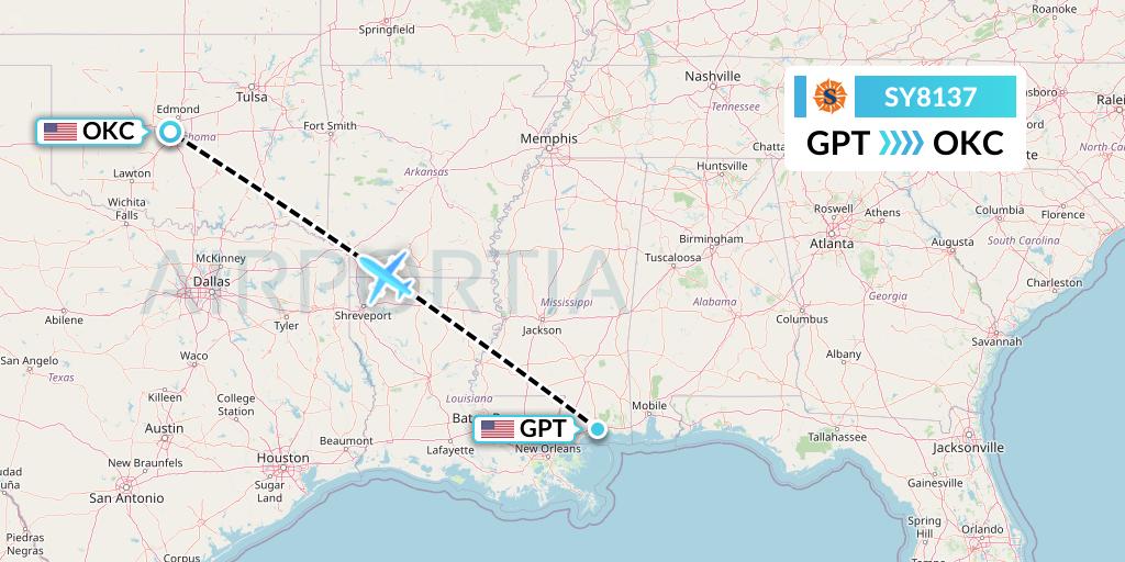SY8137 Sun Country Airlines Flight Map: Gulfport to Oklahoma City