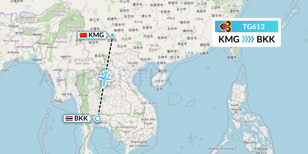 TG613 Thai Airways Flight Map: Kunming to Bangkok