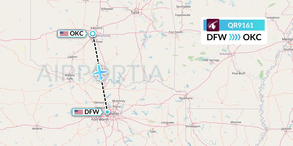 QR9161 Qatar Airways Flight Map: Dallas to Oklahoma City