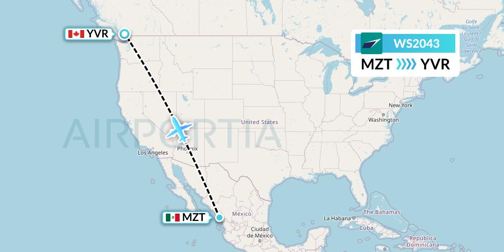 WS2043 WestJet Flight Map: Mazatlan to Vancouver