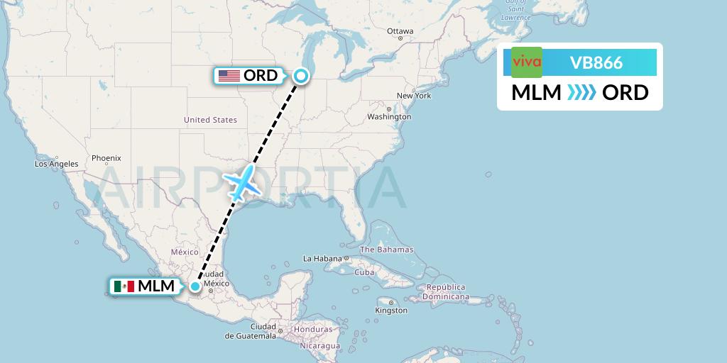VB866 VivaAerobus Flight Map: Morelia to Chicago