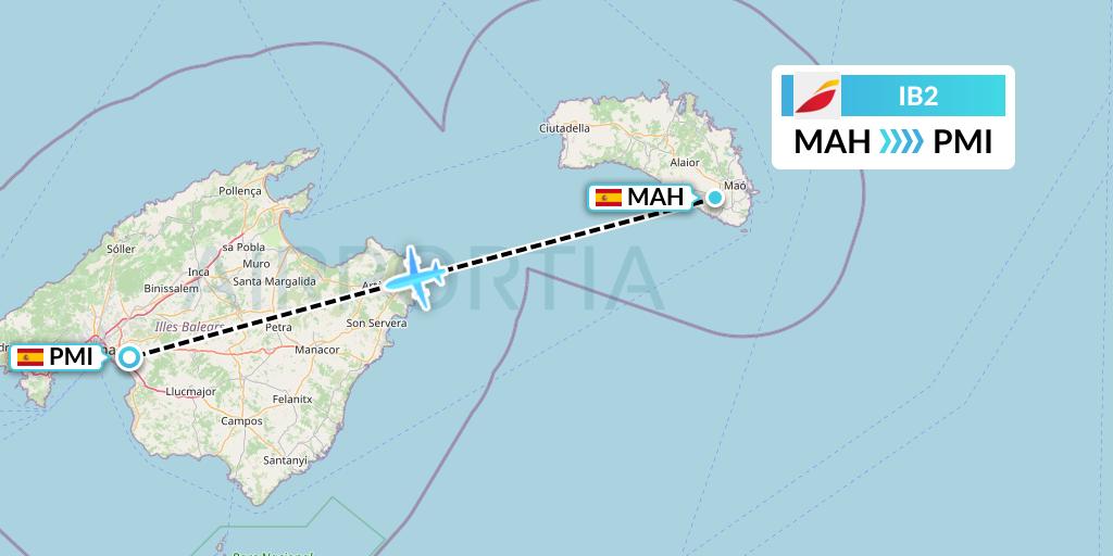 IB2 Iberia Flight Map: Mahon to Palma de Mallorca