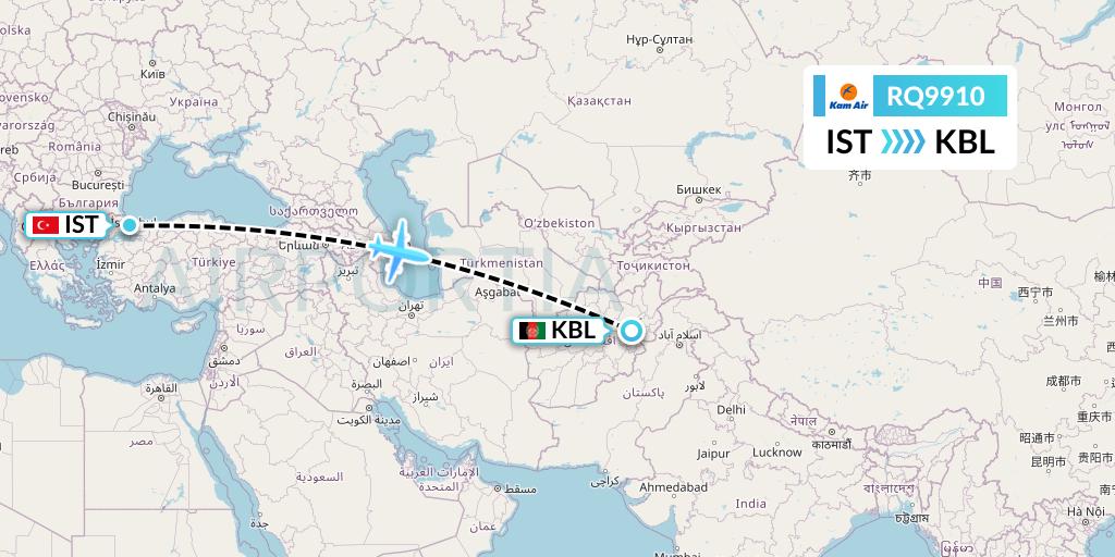 RQ9910 Kam Air Flight Map: Istanbul to Kabul