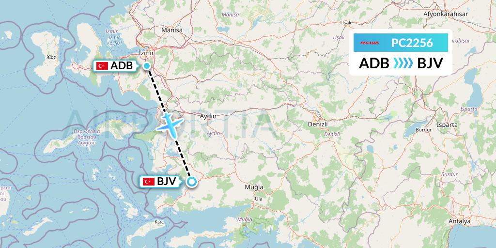 PC2256 Pegasus Airlines Flight Map: Izmir to Bodrum