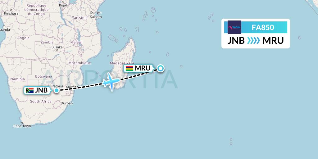FA850 Safair Flight Map: Johannesburg to Port Louis