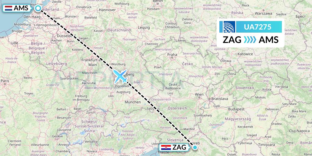 UA7275 United Airlines Flight Map: Zagreb to Amsterdam