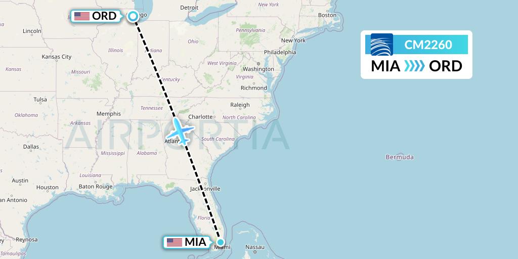 CM2260 Copa Airlines Flight Map: Miami to Chicago