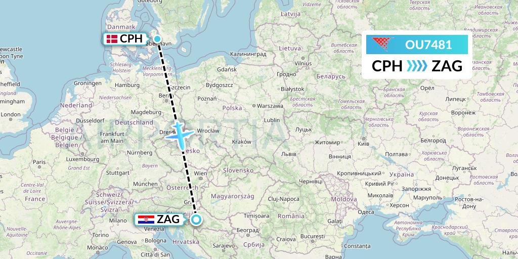 OU7481 Croatia Airlines Flight Map: Copenhagen to Zagreb