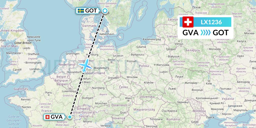 LX1236 Swiss Flight Map: Geneva to Gothenburg