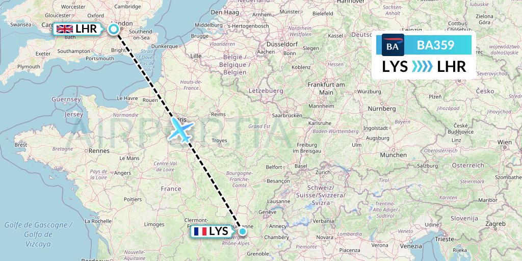 BA359 British Airways Flight Map: Lyon to London