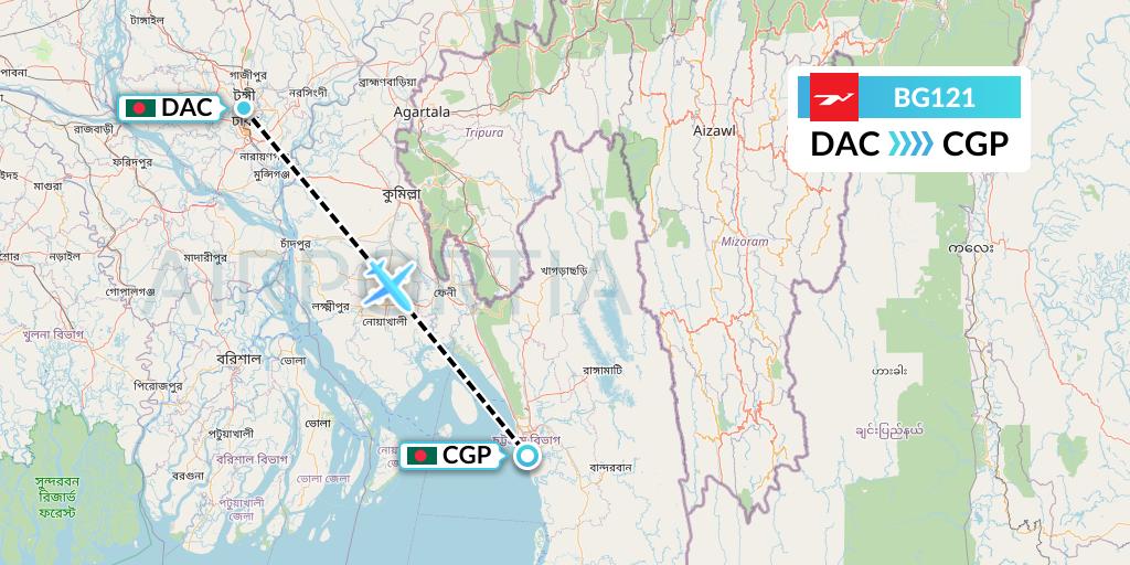 BG121 Biman Bangladesh Airlines Flight Map: Dhaka to Chittagong
