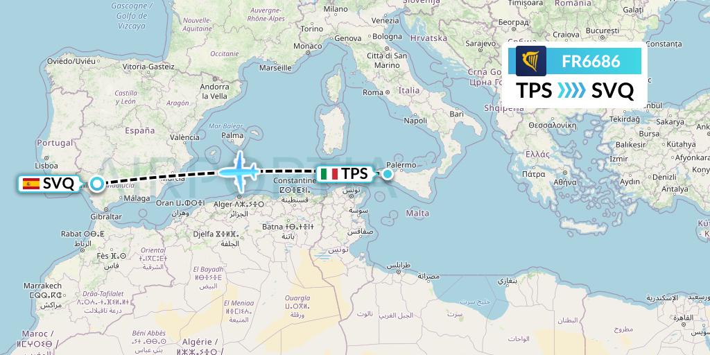 FR6686 Ryanair Flight Map: Trapani to Seville
