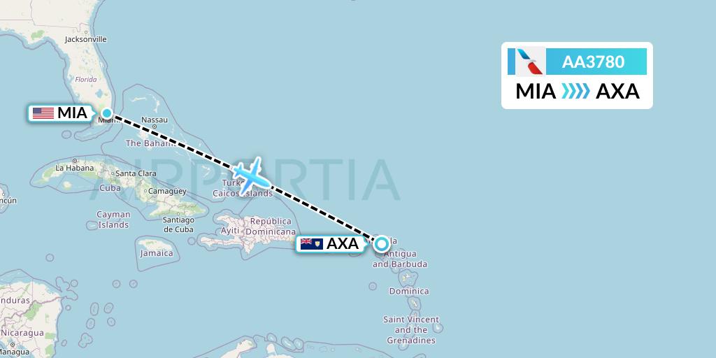 AA3780 American Airlines Flight Map: Miami to The Valley