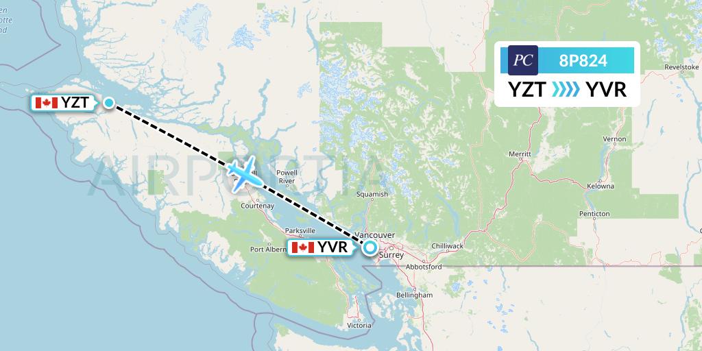 8P824 Pacific Coastal Airlines Flight Map: Port Hardy to Vancouver