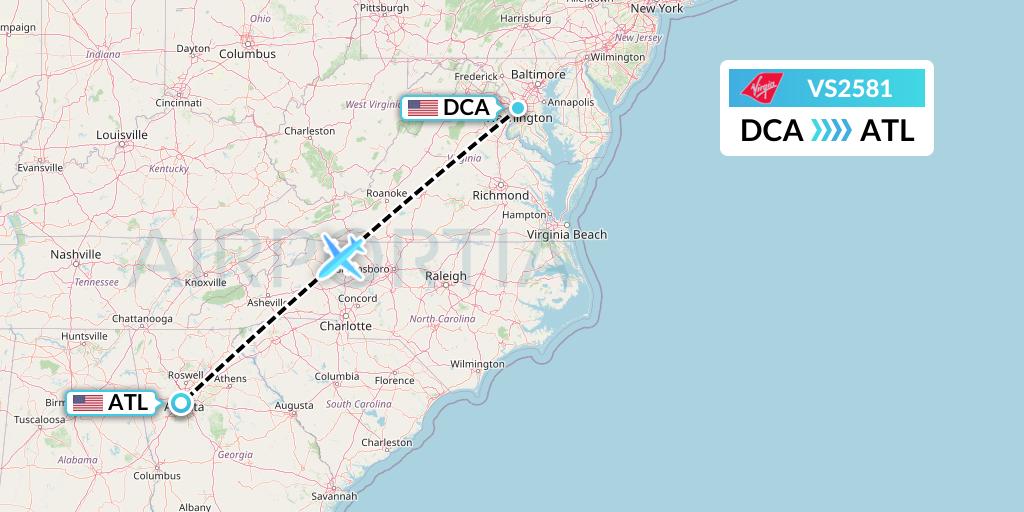 VS2581 Virgin Atlantic Airways Flight Map: Washington to Atlanta