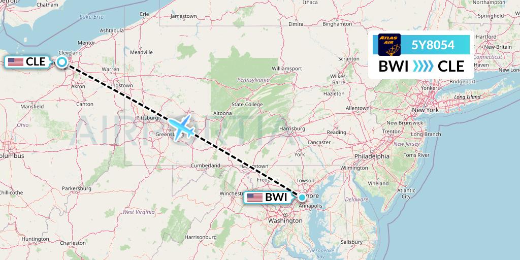 5Y8054 Atlas Air Flight Map: Baltimore to Cleveland