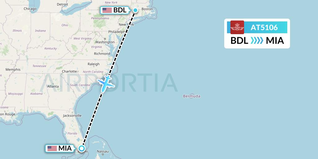 AT5106 Royal Air Maroc Flight Map: Windsor Locks to Miami