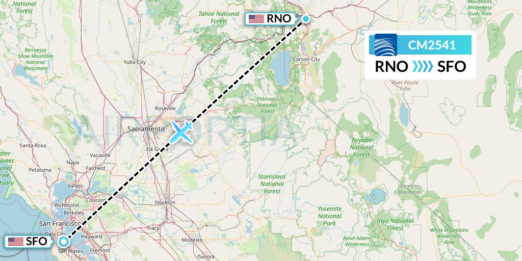 CM2541 Copa Airlines Flight Map: Reno to San Francisco